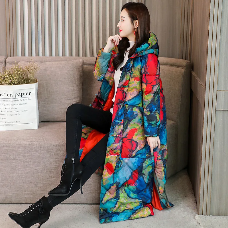 

Cotton-padded Clothes Women's Long Cotton-padded Jacket Thick 2019 New Style Korean-style Coat over-the-Knee Cotton Coat Printed