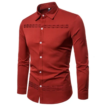 

Men's shirts autumn/winter 2019 slim solid color hollowed-out single-breasted long-sleeved shirt loose casual youth men's wear