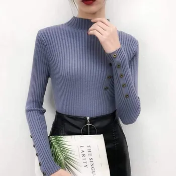 

Women Sweater Turtleneck Long Sleeve Autumn Sweaters Solid Color Button Knit Shirt Slim Tops