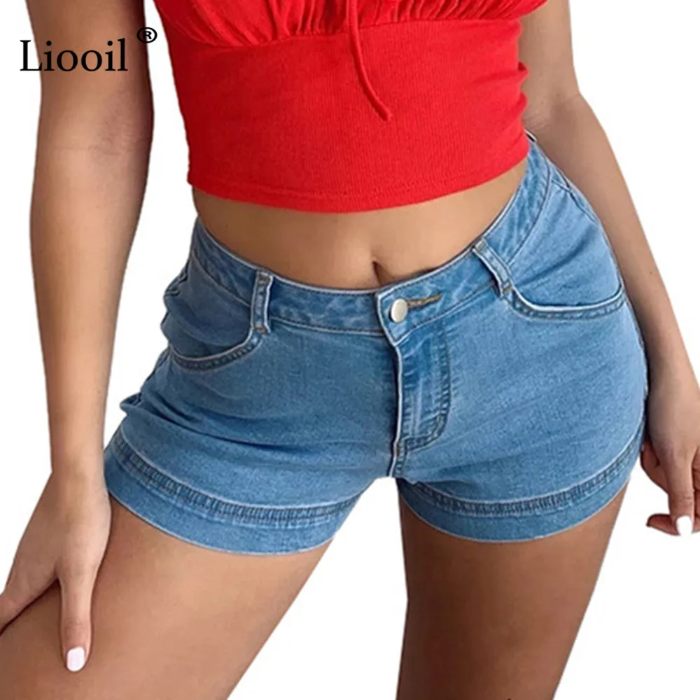 

Liooil Sexy Embroidery Denim Shorts Women 2021 Summer Mid Waisted With Button Zipper Pockets Ladies Washed Vintage Skinny Jeans