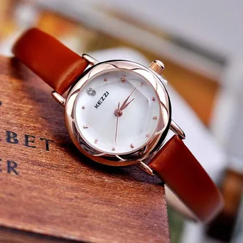 

KEZZI Women's Wristwatches Fashion Flowers Mother Of Pearl Dial Leather Strap Quartz Watch Ladies Thin Belt Watch