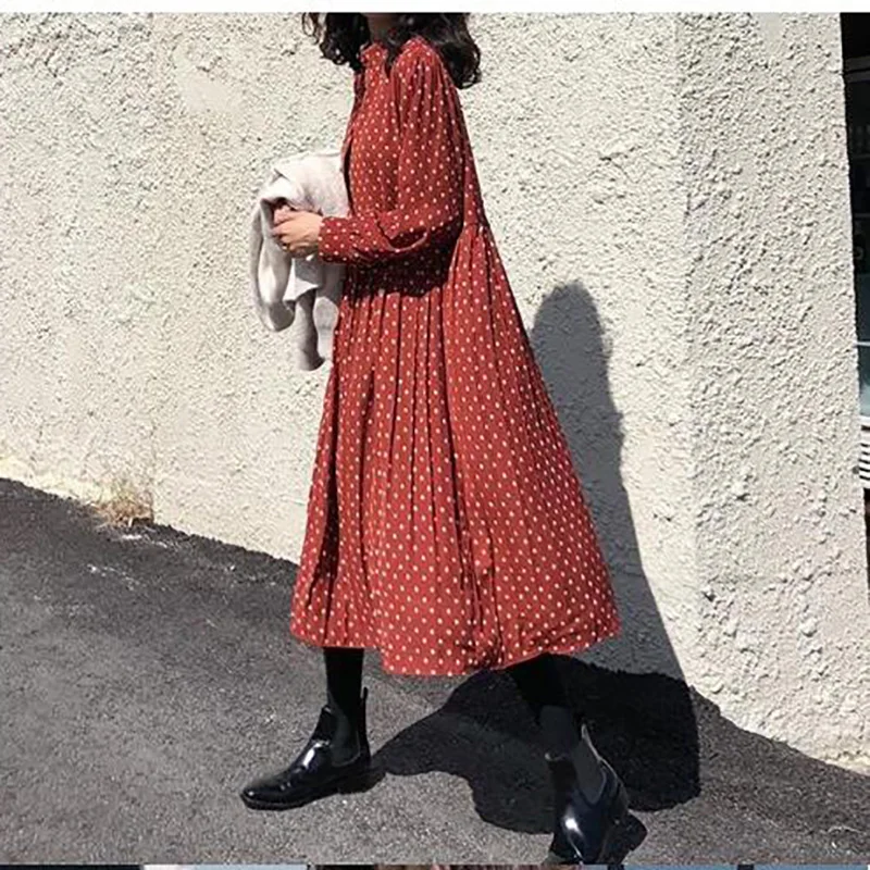 

2019 Autumn O-Neck Red polka dot Chiffon Dress Woman Temperament Thin Long Sleeve Long Dress Sweet Girl