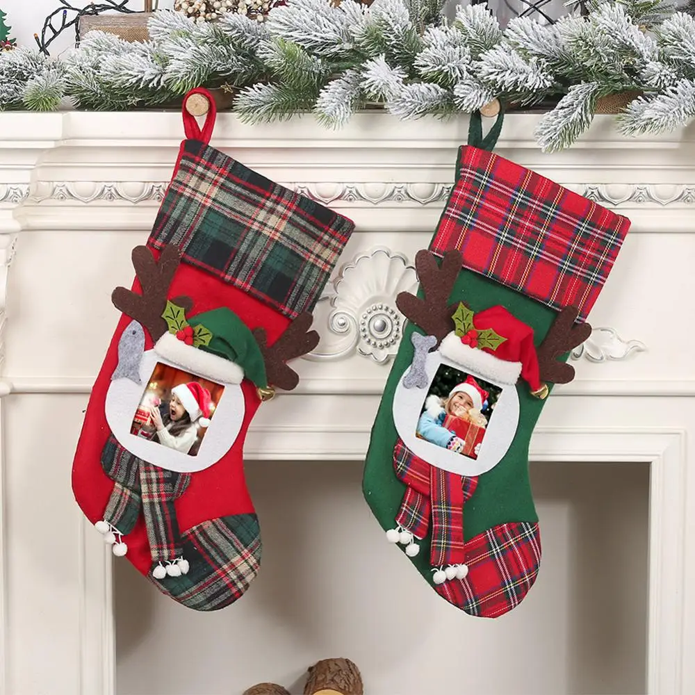 

Christmas Socks Decorations Transparent Photo Frame Checked Children's Gift Bags Candy Bags Socks