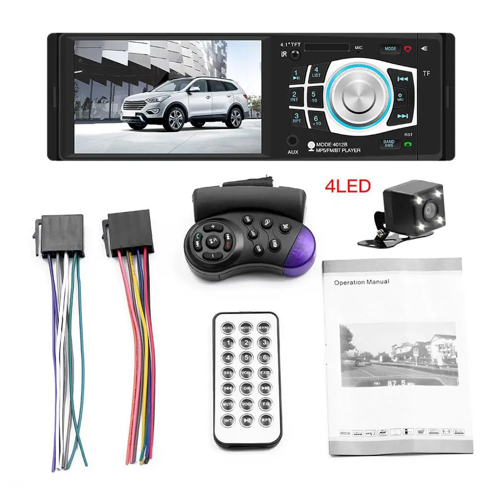 Автомагнитола 1 DIN Авторадио Bluetooth радио-Кассетный проигрыватель USB SD MP5 плеер 4,1 дюймов Авто аудио стерео 1Din FM рекордер для автомобиля - Цвет: With 4 LED Camera