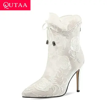 

QUTAA 2020 Sexy Thin High Heel Ladies Shoes Pointed Toe Zipper Fashion Ankle Boots Mesh Flower Lace Up Women Pumps Size 34-39