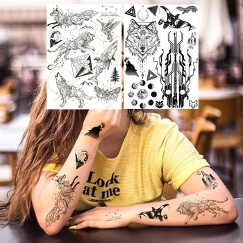 

Black Animal Temporary Tattoos For Men Women Kids Fake Geometic Tatoos Realistic Washable Space Planets Wolf Skull Tattoo Decal