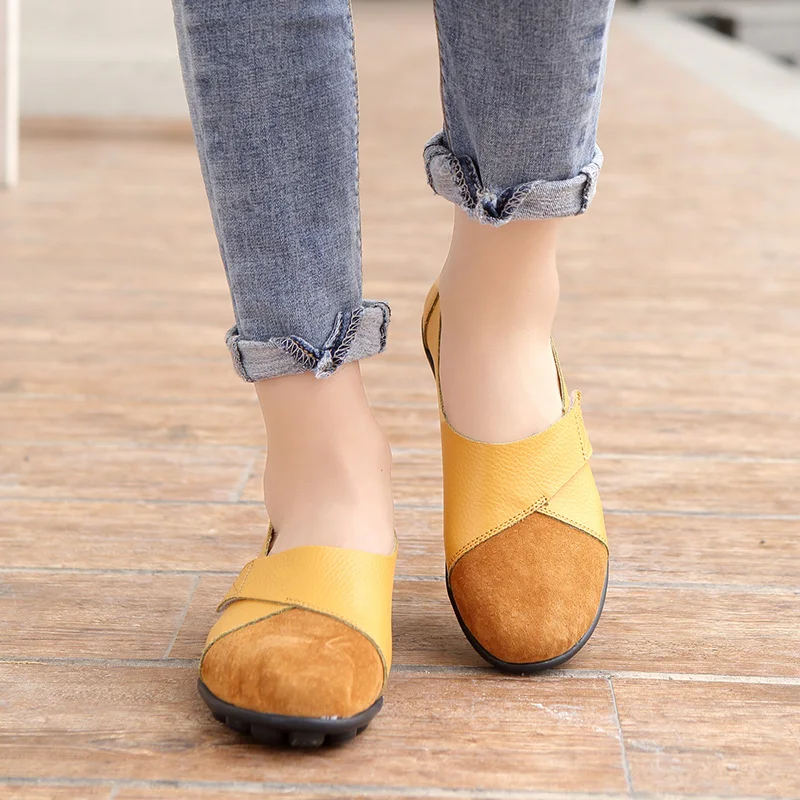 Woman's Flats Shoes woman Soft Genuine Leather Big Size 35-44 mocassin Boat Shoes for Women Hook Loop mocasines de mujer