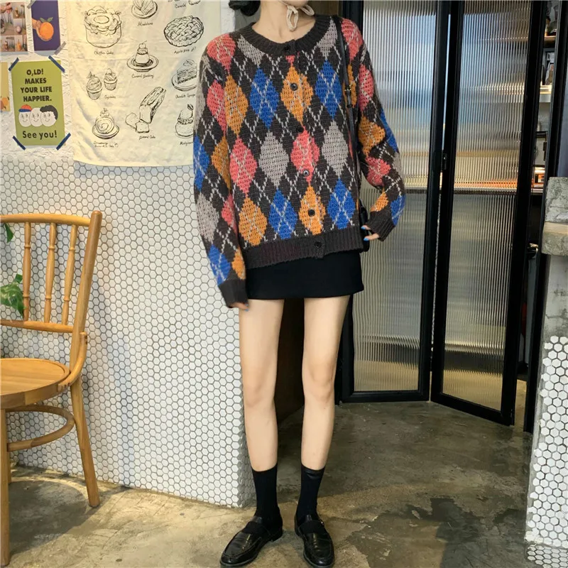 RUGOD корейский стиль Короткие кардиганы для женщин Мода красочные Argyle с длинным рукавом вязаный свитер кардиганы Женская мягкая теплая одежда