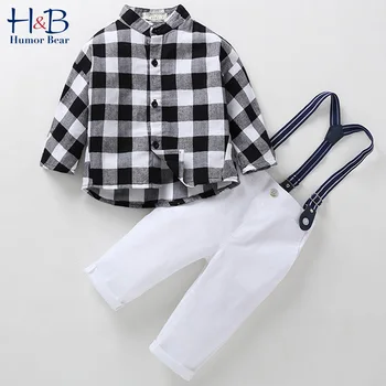 

Humor Bear Children's Suit Spring & Autumn Kids Gentleman Long Sleeve Plaid Shirt +Strap Trousers Baby Boys Clothes Set