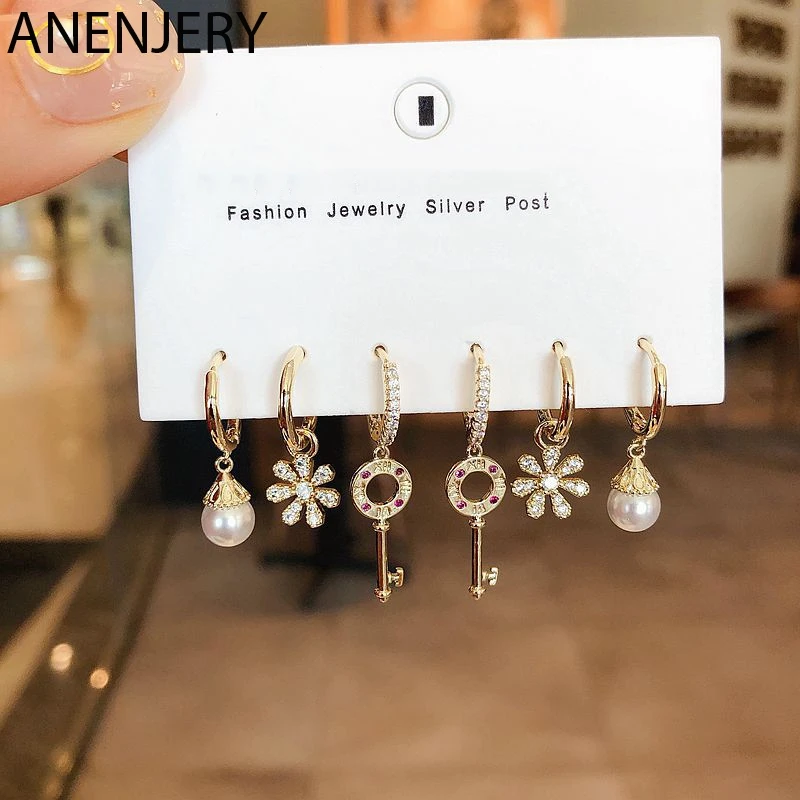 ANENJERY Temperament Pearl Key Flower Pendant Hoop Earrings Sets For Women Silver Color 6-piece Set Jewelry | Украшения и