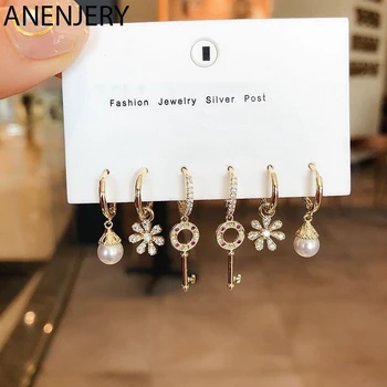 

ANENJERY Temperament Pearl Key Flower Pendant Hoop Earrings Sets For Women Silver Color 6-piece Earrings Set Jewelry