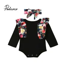 Новые брендовые боди для маленьких девочек 0-18 месяцев, повязка на голову, 2 предмета, комбинезон с длинными рукавами и оборками, повседневный комплект, Новогодняя одежда