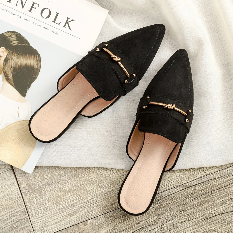 Туфли без задника с металлической пряжкой Женские шлепанцы острым носком
