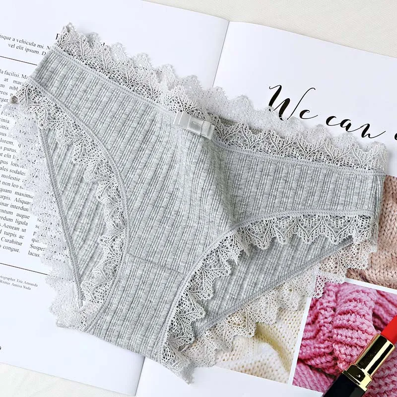 light gray Японское милое хлопковое нижнее белье для девочек с низкой талией, женское нижнее белье, кружевные бесшовные трусы для женщин - Цвет: light gray