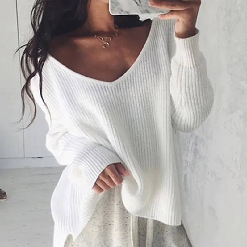 

Fashion Nice Women White Black Knitwear Fall Sweater V Neck Long Sleeve Jumper Pullovers Casual Loose Knitted Sweater