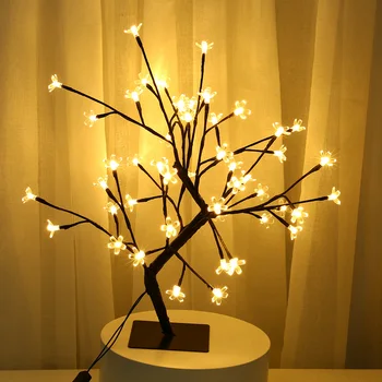 

48 LED EU Plug 3D Table-Lamp Copper wire Christmas Cherry Plum Blossom Tree Night Light for Home Indoor Bar Decor Fairy Light