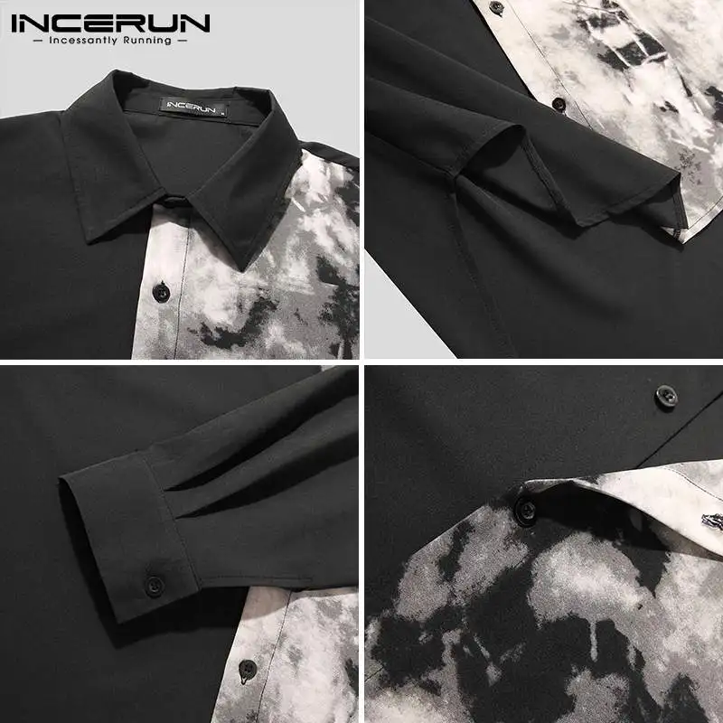 Men Casual Shirt Spring Print Patchwork Lapel Long Sleeve Streetwear Tops Korean Loose Fashion Shirts Long Sleeve Shirt Men Casual Shirt