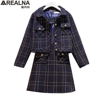 

plus size 2 Piece Set Women autumn winter runway tweed Small fragrant wind jacket Top + vest dress Suit women two piece set 4XL