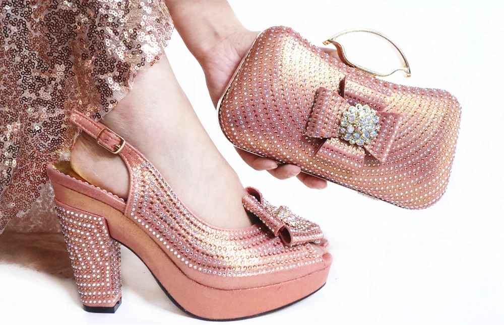 

Italian peach color shoes and bag matching set nigeria new fashion size 38 to 43 african aso ebi shoes bag 2020 SB8460-3