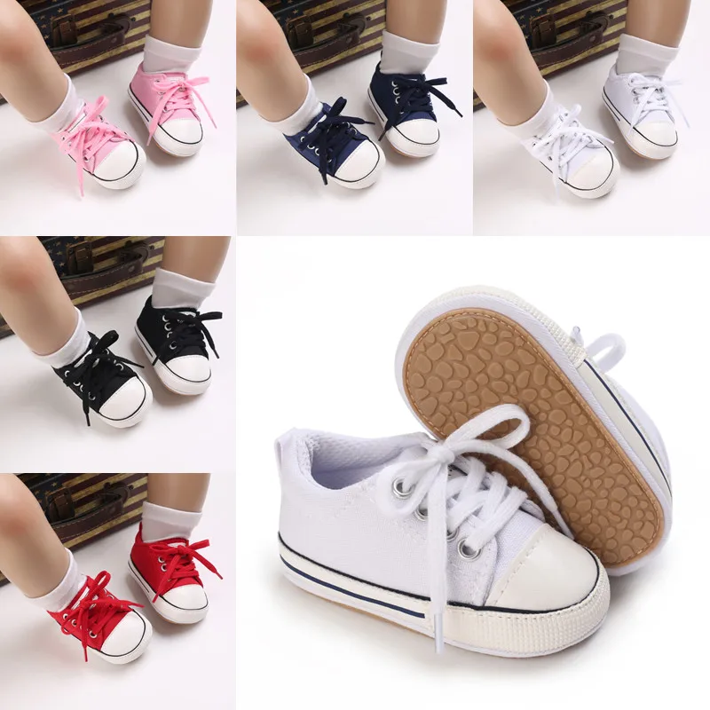Infant Baby Girl Boy Shoes Newborn Rubber Sole Sneaker Shoes Lace up Canvas Sport Casual First Walkers For 0-18M