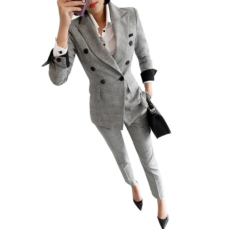 Женский костюм тонкий модный темперамент Повседневный двубортный клетчатый пиджак Профессиональный брючный костюм