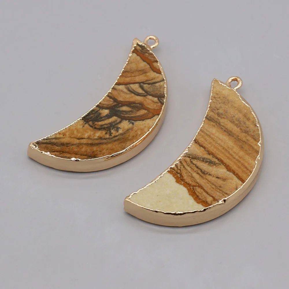 6PCS Wholesale Crescent Shape Natural Picture Stone Gilt Edge Pendant Crafts Making DIY Necklace Earring Charm Jewelry Gift