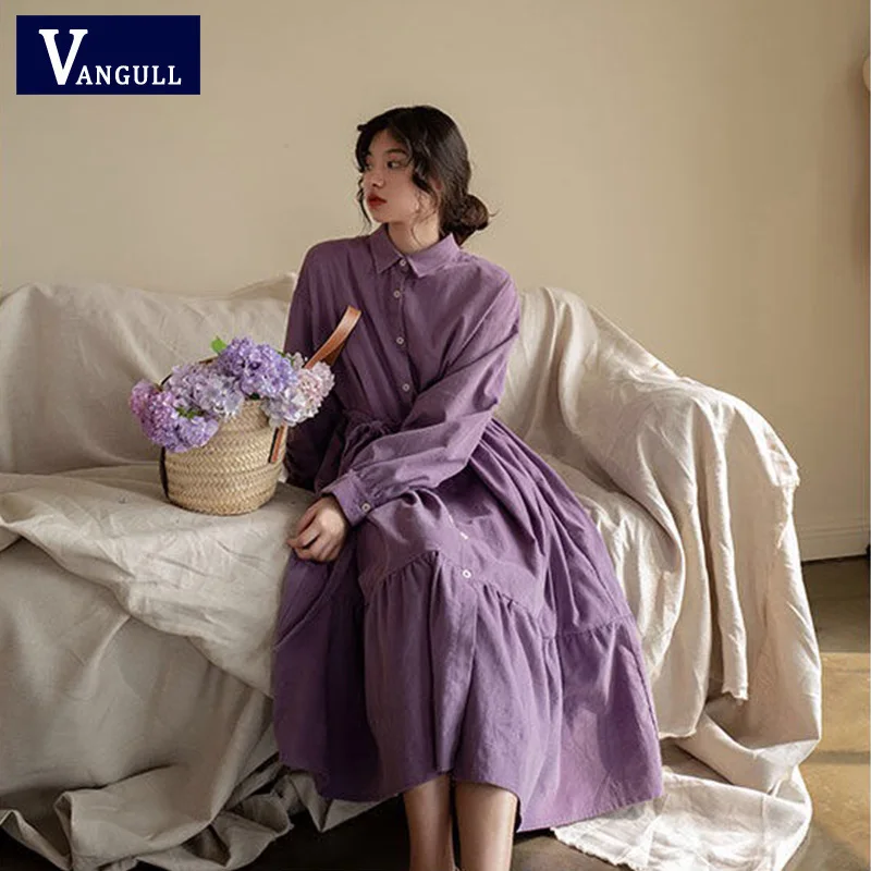 Vangull Новое Женское вельветовое фиолетовое плиссированное платье миди с длинным рукавом и поясом, женские стильные платья до середины икры, шикарные элегантные платья