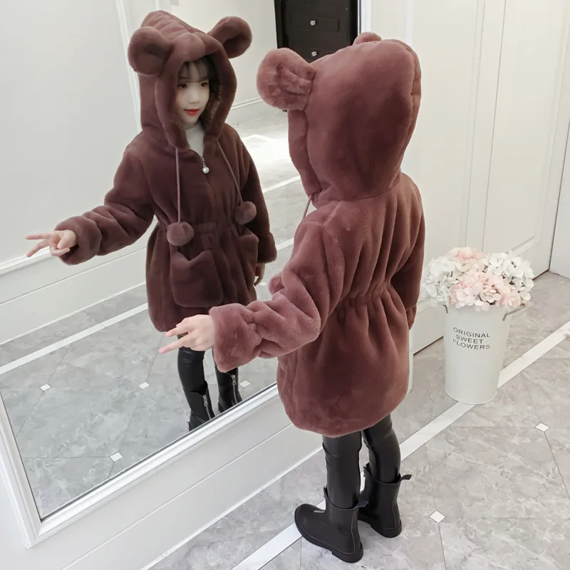 Новая Толстая теплая детская куртка осенне-зимнее пальто для девочек повседневная детская верхняя одежда с капюшоном длинное модное коричневое пальто для девочек