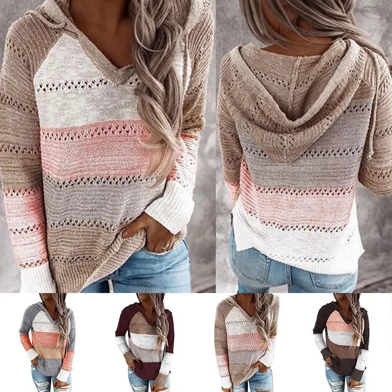 Autumn V Neck Sweater Patchwork Hooded Top Winter Striped Sweater Casual Long Sleeve Jumpers Elegant Hooded Knitwear Pullover