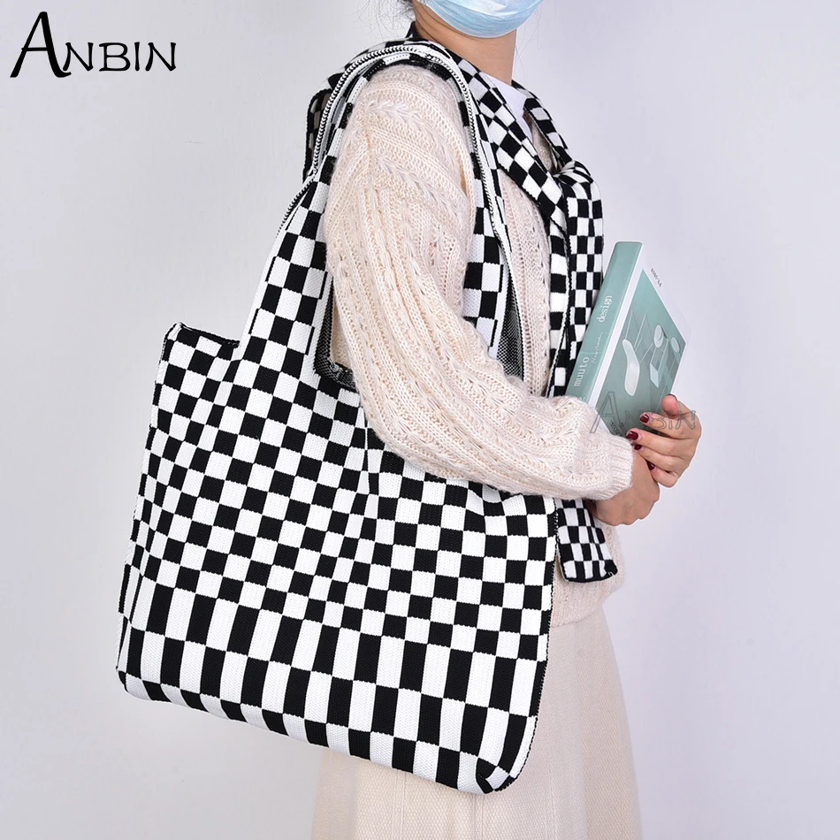 TWENTY FOUR Womens Checkered Tote Shoulder Bag with inner pouch