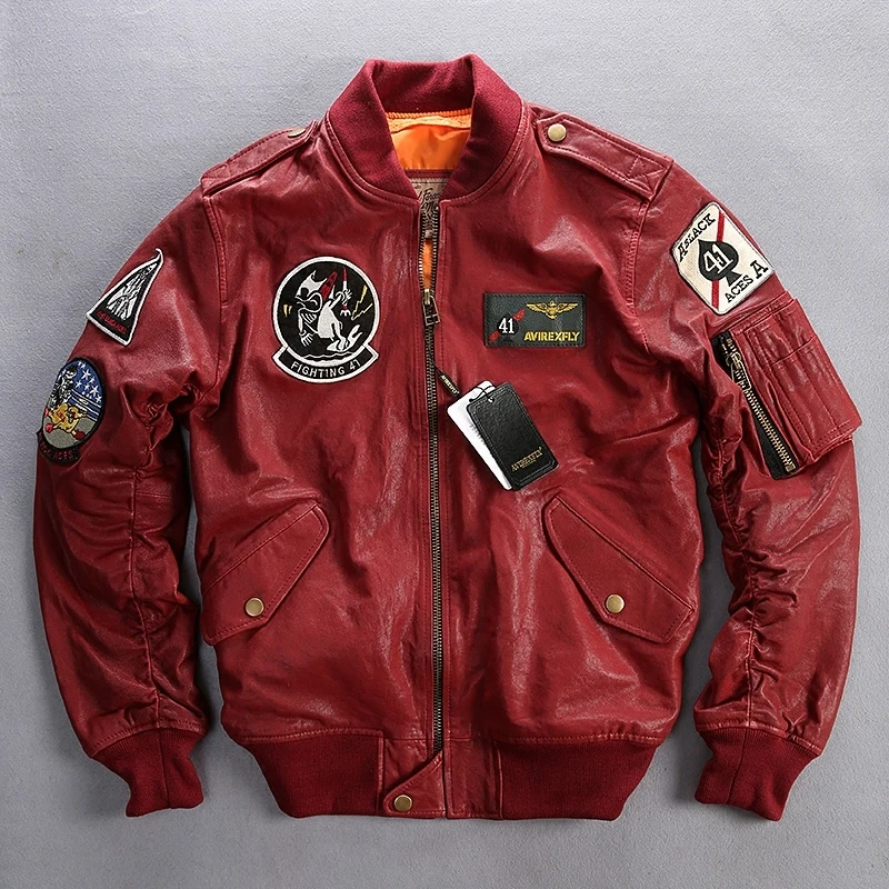 

2020 Brand Genuine Leather Men's 100% Goat Skin Multi- labeling Embroidery Pilot O-Neck Collar Bomber Motorcycle Jackets