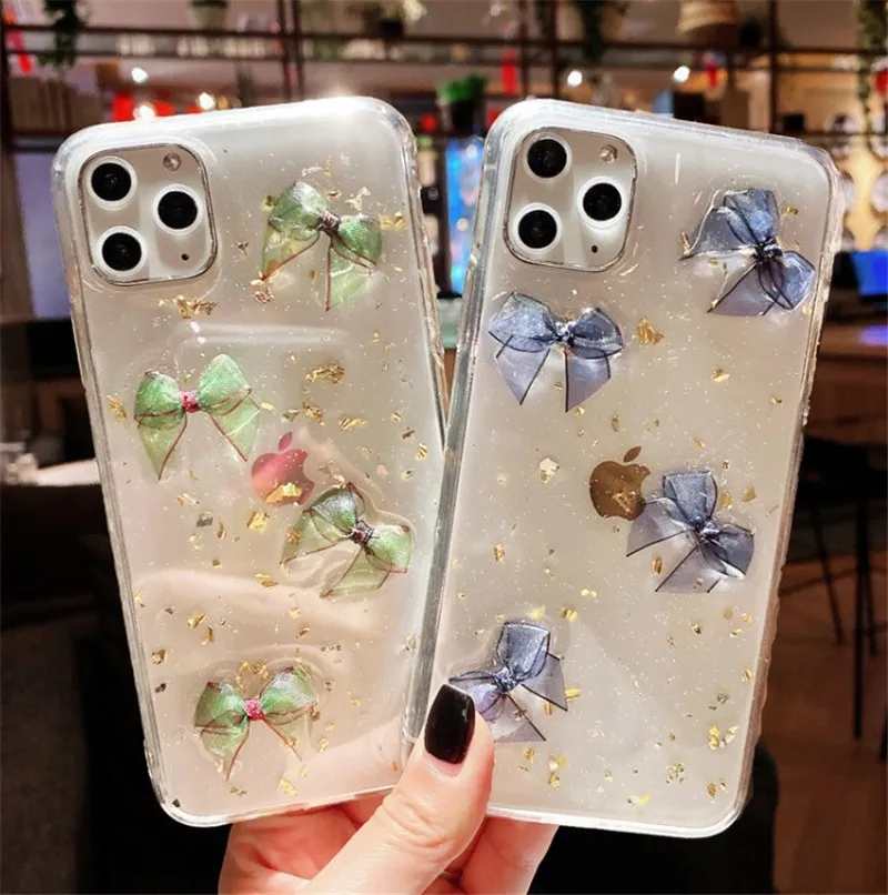 

case for iPhone 11 XR 7 8 11 Pro Max X XS Max Plus 6 6s cover Gold Foil Epoxy Bow Transparent Sof case
