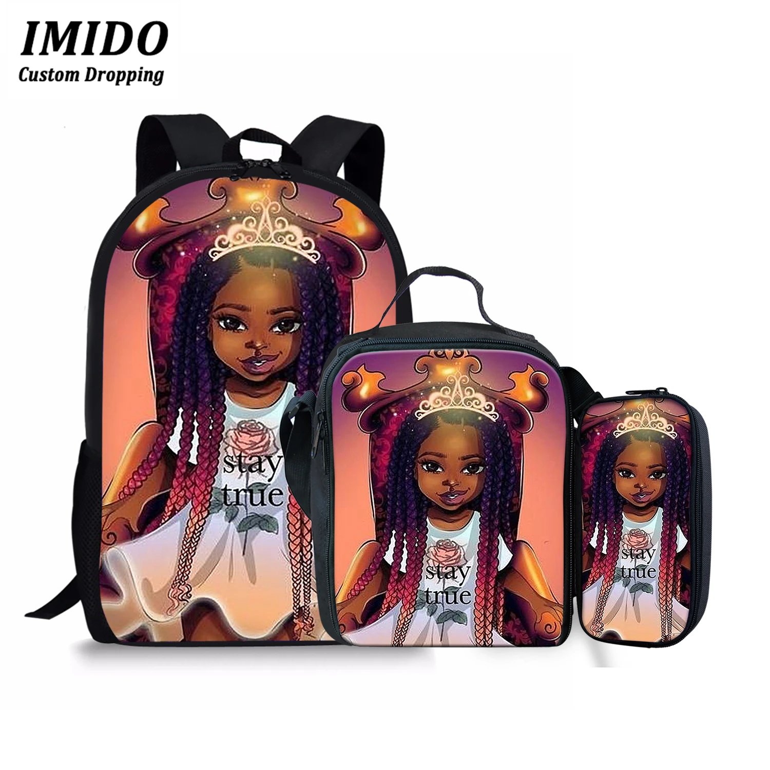 

IMIDO Children African American School Bags for Girls Orthopedic 3pcs Primary Backpack with Lunch Box Pencil Bags Book Bags