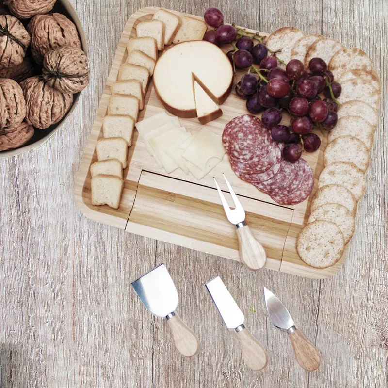 

Cheese Board - Natural Bamboo Wood Cheese, Meat, and Charcuterie Board with Accessories Included: Narrow and Flat Knives, Cheese