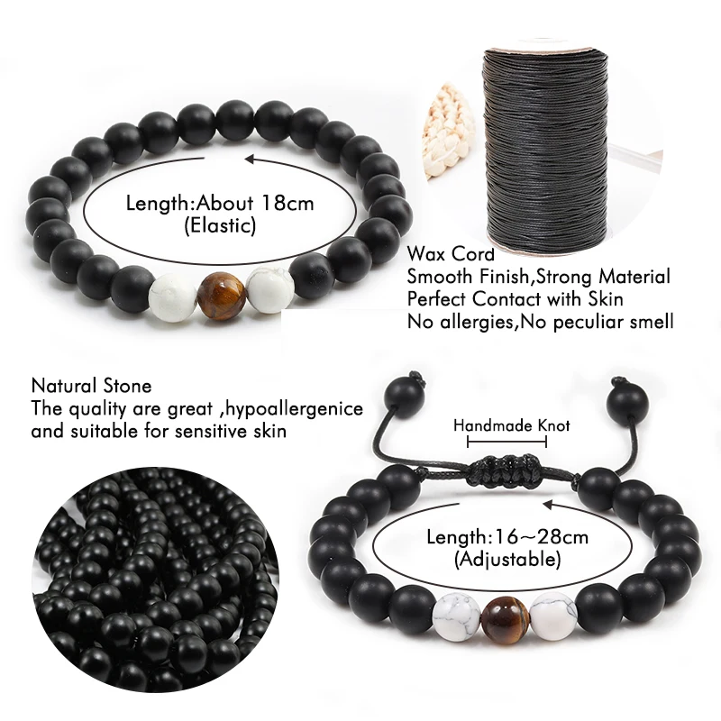 2pcs/set Bead Bracelet Natural Tiger Stone Charm Onyx Beaded Couple Distance Bracelets for Women Men Friend Gift Stretch Jewelry