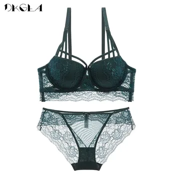 New Top Sexy Underwear Set Cotton Push-up Bra and Panty Sets 3/4 Cup Brand Green Lace Lingerie Set Women Deep V Brassiere Black 5