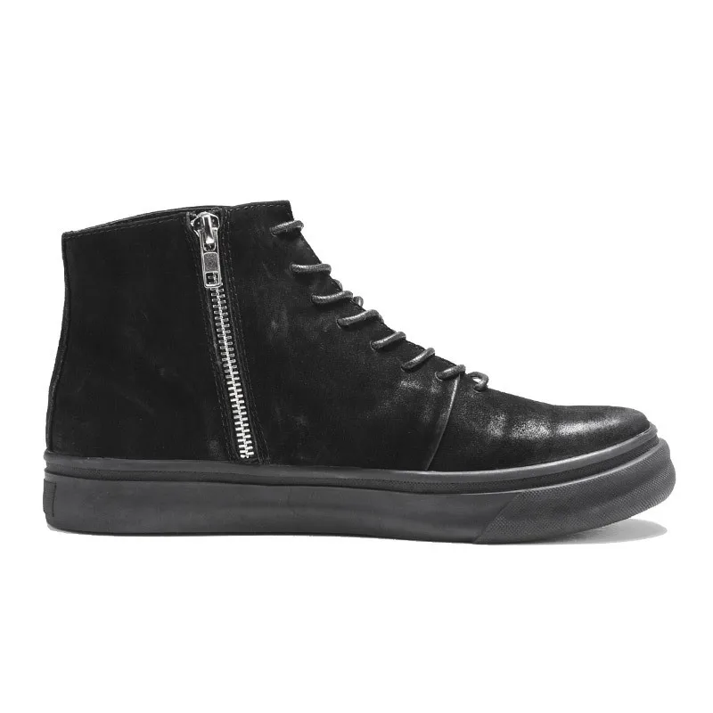 Black Zip Модные мужские повседневные ботильоны наивысшего качества; Винтажные ботинки из коровьей кожи; обувь с высоким берцем на шнуровке с круглым носком на плоской подошве с флисовой подкладкой - Цвет: Black Zip