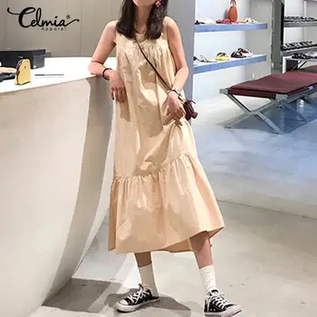 

Women Vintage Long Shirt Dress Plus Size Sundress Celmia 2020 Fashion Summer Sleeveless Casual Loose Solid Ruffles Party Vestido