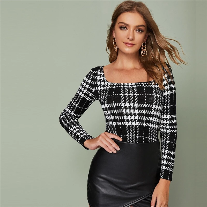 SHEIN черно-белый клетчатый топ с квадратным вырезом, женские элегантные футболки, Осенние офисные женские облегающие футболки с длинным рукавом