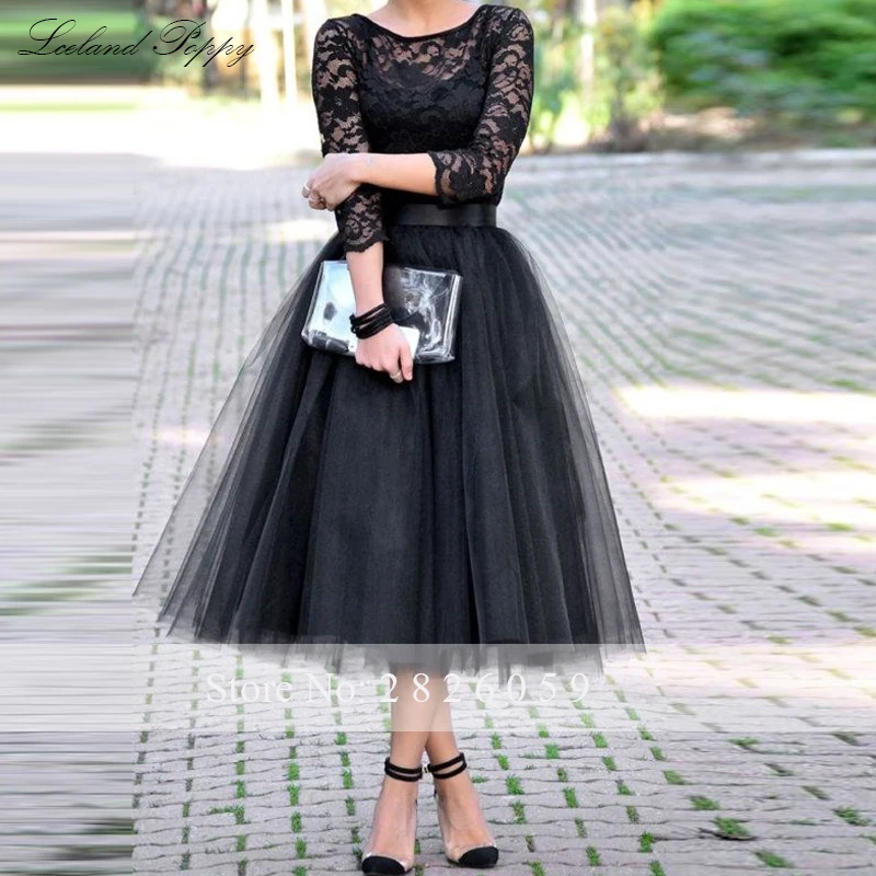 Lceland Poppy A-line Vintage Scoop Neck Black Lace Cocktail Dresses Tea Length 3/4 Sleeves Tulle Cocktail Party Formal Dress