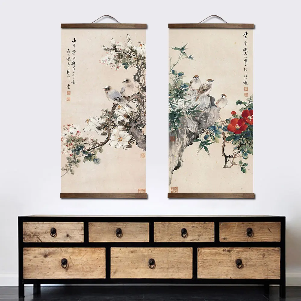Chinese Traditional style flower animal canvas home decoration for living bedroom wall art picture poster wood scroll paintings 1