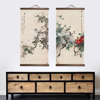 Chinese Traditional style flower animal canvas home decoration for living bedroom wall art picture poster wood scroll paintings 1