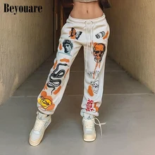

Beyouare Women's Print Sweatpant Autumn Cotton Loose Pocket Elastic Waist Trousers Cargo Pants 2021 Sporting Streetwear Pants