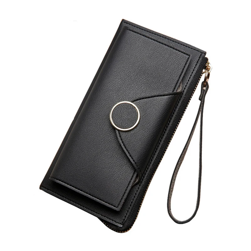 Женские кошельки женский кожаный кошелек модный бренд молния портмоне для карт кольцо длинные тонкие кошельки сумка для мобильного телефона - Цвет: Black
