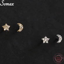 Boucles d'oreilles asymétriques en or plaqué argent Sterling 925 14K, étoile et lune, Super Mini, mignonnes, simples, de Style coréen, bijoux de fête 