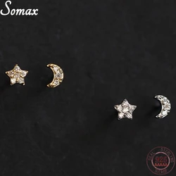925 Sterling Silver Plated 14K Gold Star Moon Asymmetrical Earrings Super Mini Cute Simple Korean Style Earrings Party Jewelry