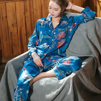 

2020 Spring and Summer Printed Pajamas Ladies Casual Long-sleeved Trousers Thin Sleepwear Two-piece Nightwear Pijama De Seda
