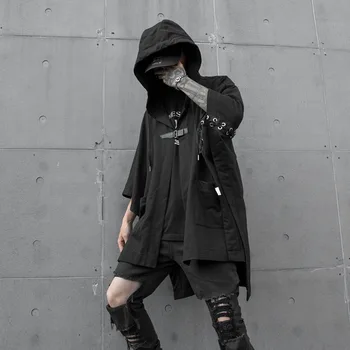 

Men Ribbon Splice Hooded Shawl Jacket Cardigan Male Women Hip Hop Streetwear Punk Gothic Outerwear Coat Cloak Stage Clothing