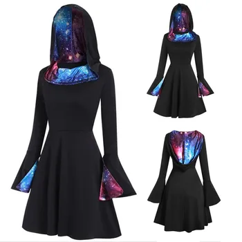 

KLV dress women dress Fashion Women Long Sleeve Hoodie Sky Star Print Midi Flare Long Sleeve Dress платье Free shipping D4