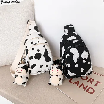 

Women's Cow Print Chest Bag Small Korean Canvas Crossbody Bag 2020 Trend Girls Fashion Unisex Handbags Female Sac A Main